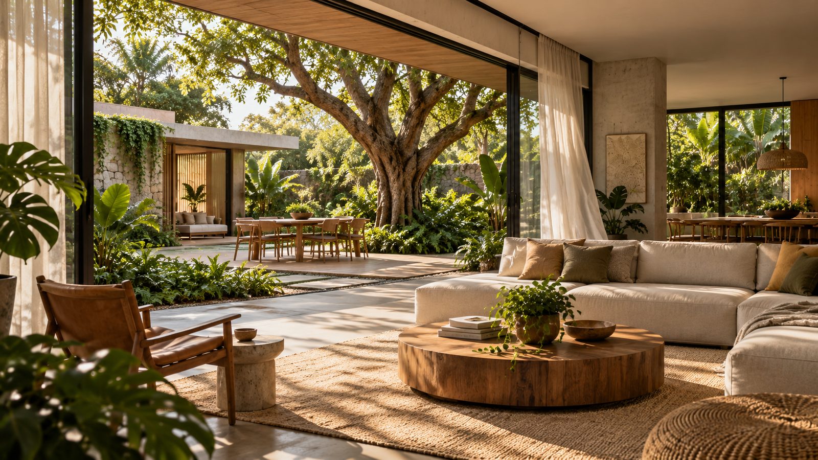 Sala aberta para um pátio com árvore e jardim