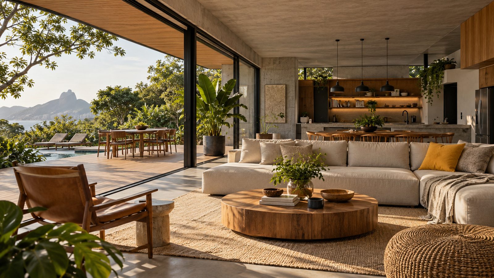 Sala de estar integrada ao terraço e ao jardim, com luz natural, madeira e concreto