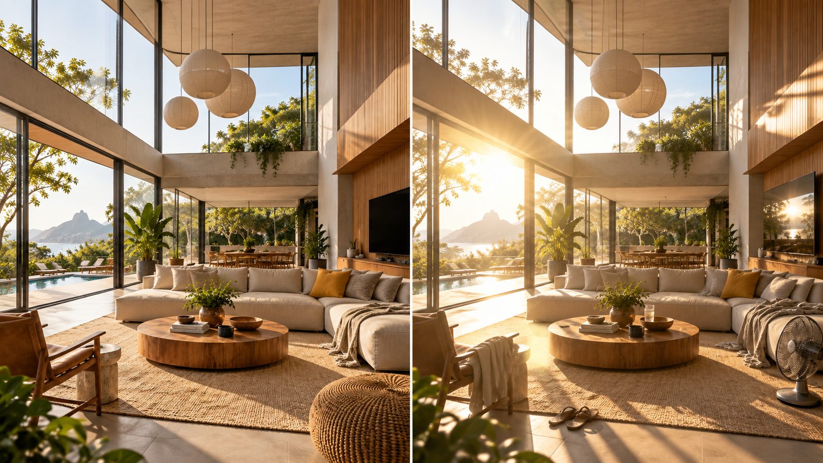 Sala de pé-direito alto com muito vidro e superfícies duras