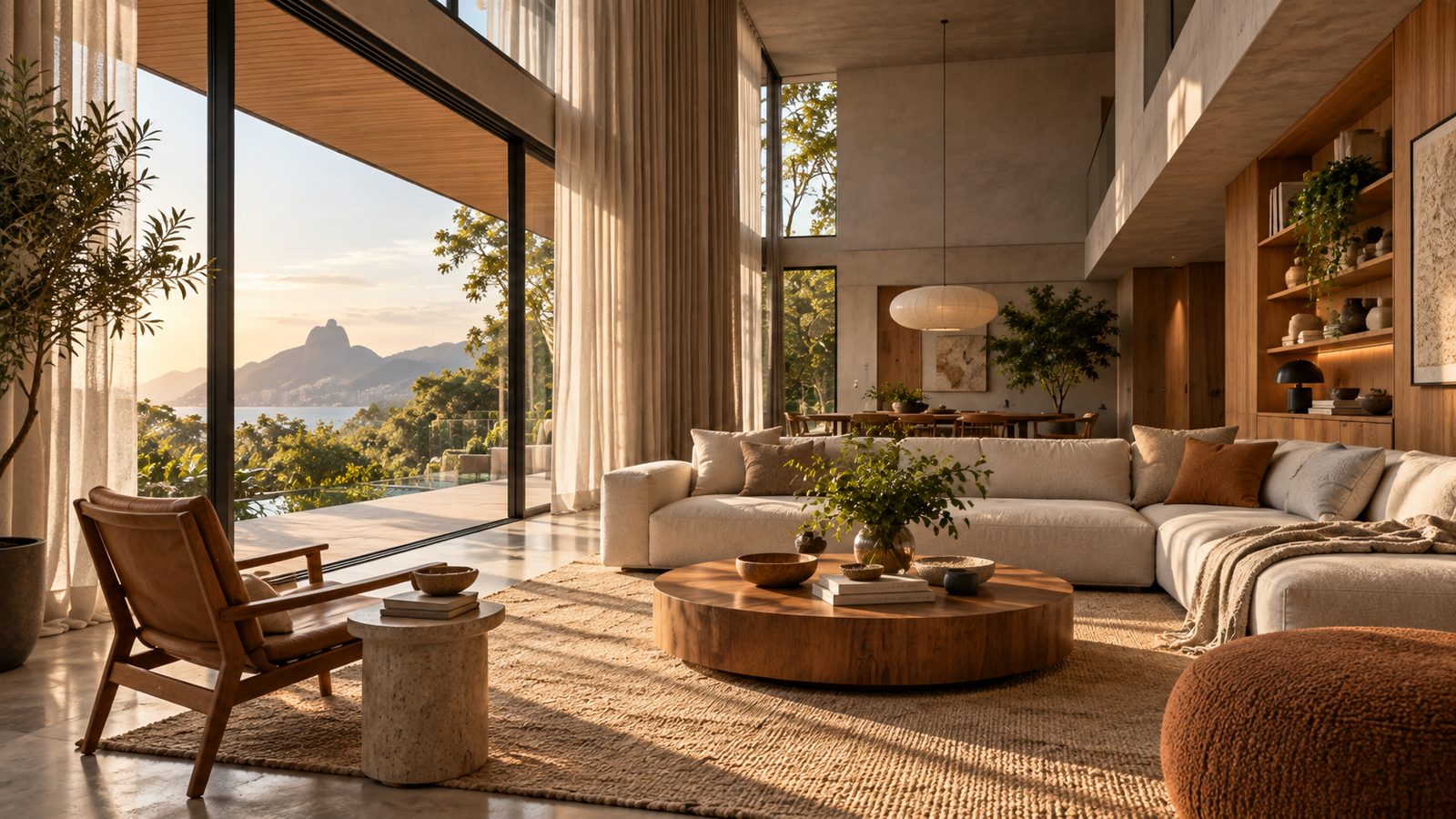 Sala ampla de pé-direito alto com muita luz natural e vista para fora
