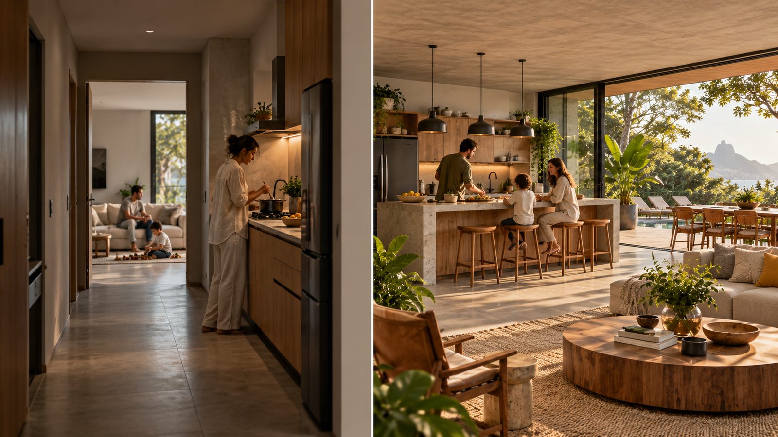 Comparação entre cozinha isolada e cozinha integrada com a família por perto