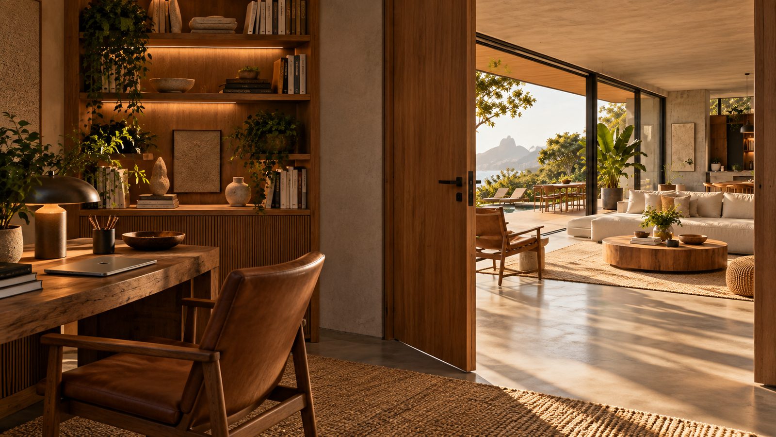 Home office reservado com porta aberta para a sala