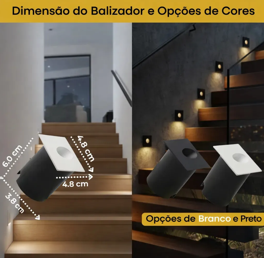 Dimensões do balizador: face 4,8 x 4,8 cm e recorte de embutir, nas cores branco e preto