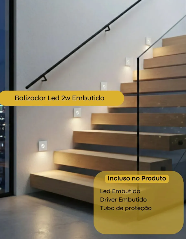 Balizadores LED embutidos na parede ao longo de uma escada, iluminando cada degrau à noite
