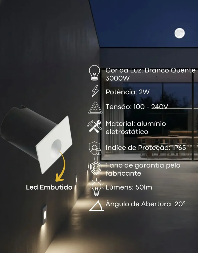Especificações do balizador: 3000K branco quente, 2W, 100 a 240V, alumínio, IP65, 50 lúmens, ângulo 20 graus