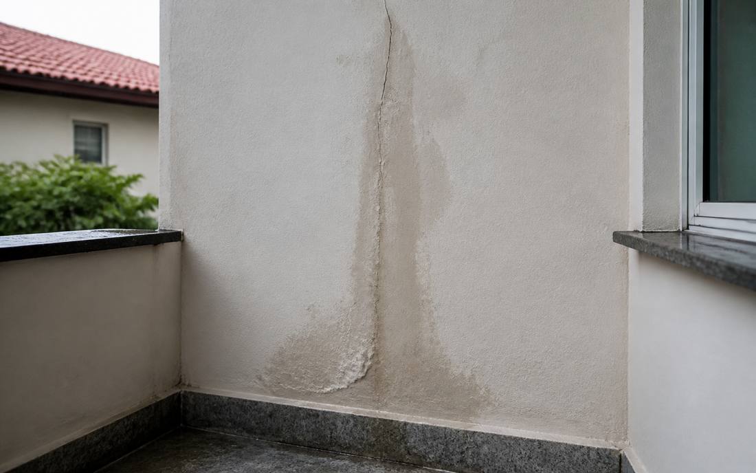 Parede externa com mancha vertical de infiltracao depois de chuva