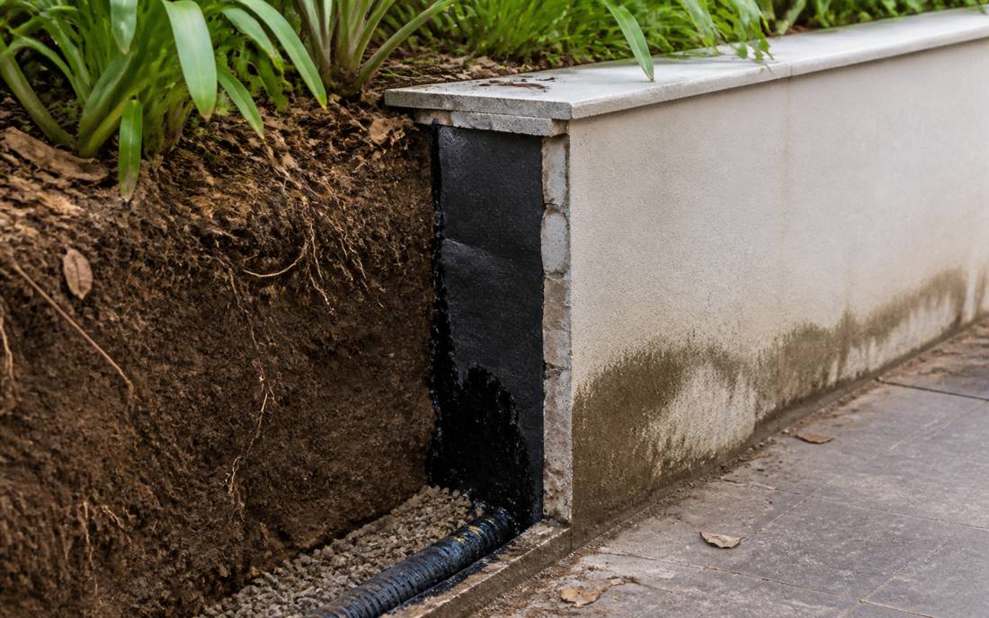Jardineira com terra encostada no muro, impermeabilização e drenagem aparente