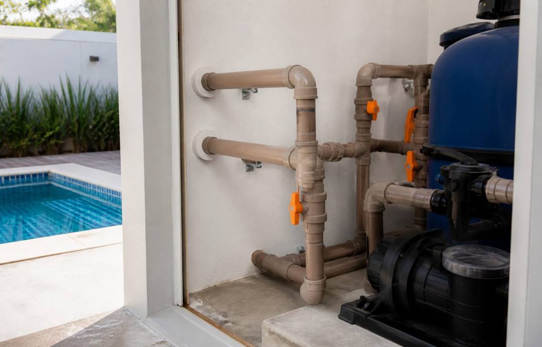 Tubulações, registros e filtro na casa de máquinas da piscina