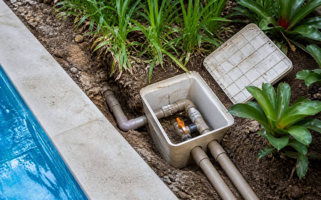 Tubulação perto da piscina e do canteiro com caixa de acesso para manutenção